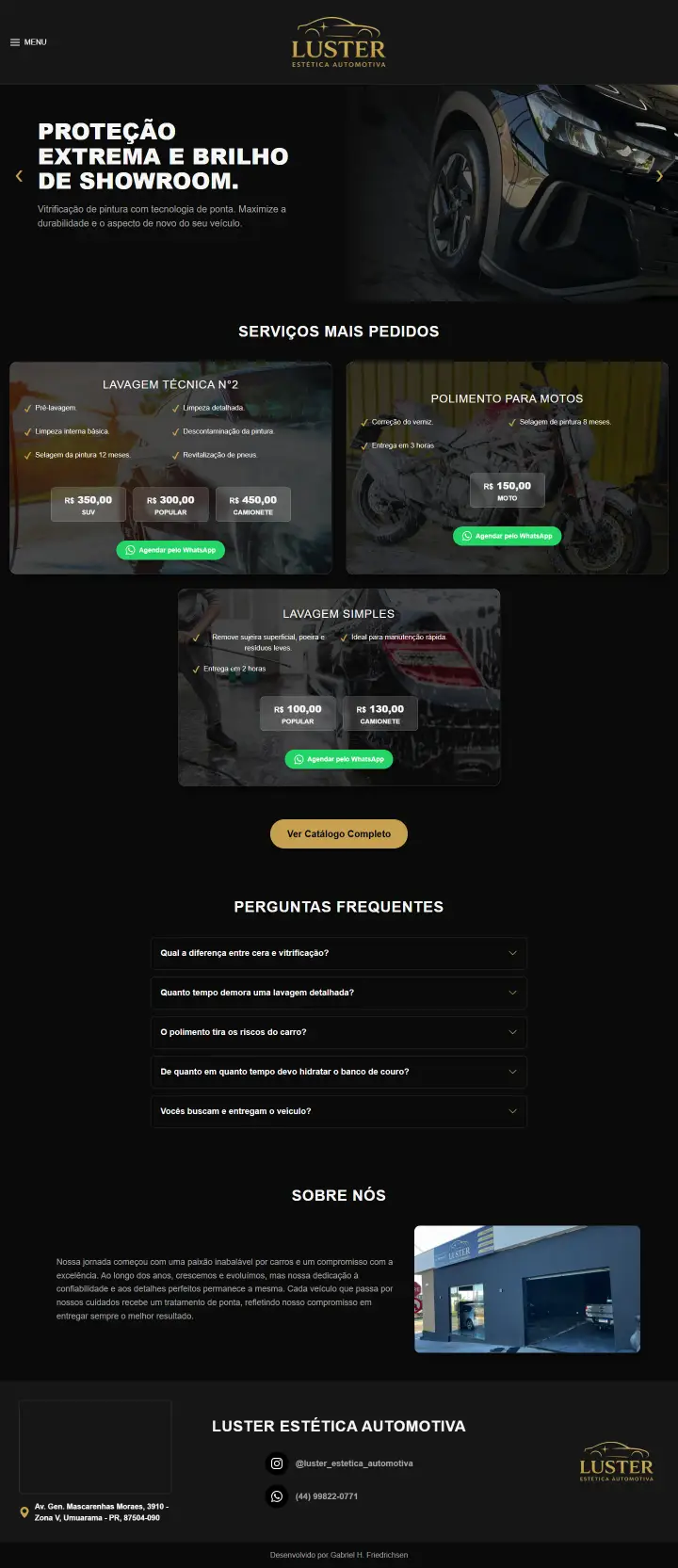 Print do site Luster Estética Automotiva